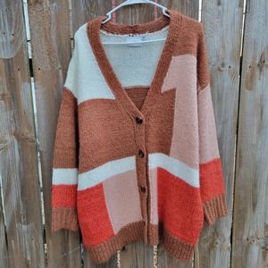 Lush Color Block Boyfriend Cardigan Orange/Brown Sz M